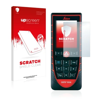 Parte frontal de un envase de producto con el logotipo de la marca upscreen. Al lado se muestra el dispositivo Leica DISTO D51