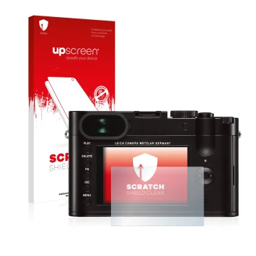 Parte frontal de un envase de producto con el logotipo de la marca upscreen. Al lado se muestra el dispositivo Leica Q (Typ 11
