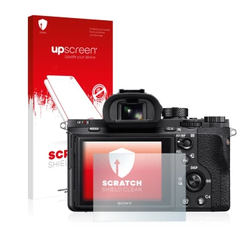 Parte frontal de un envase de producto con el logotipo de la marca upscreen. Al lado se muestra el dispositivo Sony Alpha 7R I