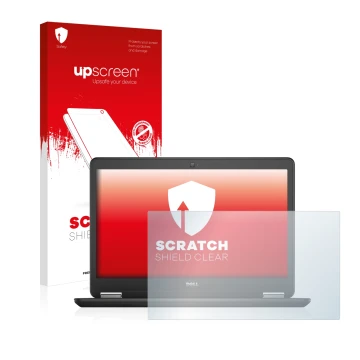 Parte frontal de un envase de producto con el logotipo de la marca upscreen. Al lado se muestra el dispositivo Dell Latitude 1