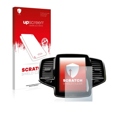 Parte frontal de un envase de producto con el logotipo de la marca upscreen. Al lado se muestra el dispositivo Volvo XC90 Senu