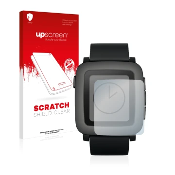 Parte frontal de un envase de producto con el logotipo de la marca upscreen. Al lado se muestra el dispositivo Pebble Time con