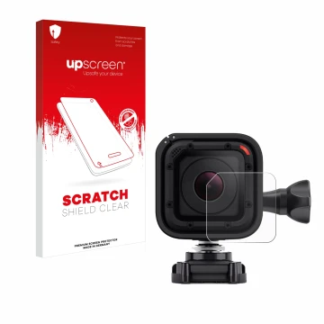 Parte frontal de un envase de producto con el logotipo de la marca upscreen. Al lado se muestra el dispositivo GoPro Hero 4 Se