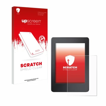 Parte frontal de un envase de producto con el logotipo de la marca upscreen. Al lado se muestra el dispositivo Amazon Kindle P