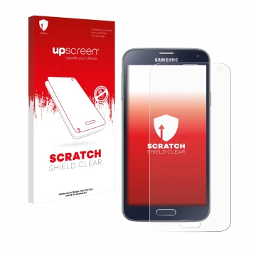 Parte frontal de un envase de producto con el logotipo de la marca upscreen. Al lado se muestra el dispositivo Samsung Galaxy 