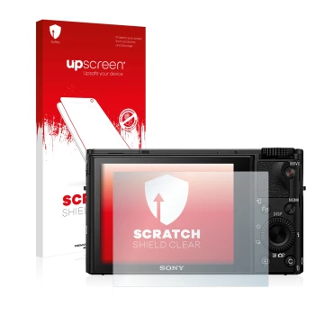 Parte frontal de un envase de producto con el logotipo de la marca upscreen. Al lado se muestra el dispositivo Sony Cyber-Shot