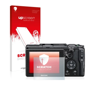 Parte frontal de un envase de producto con el logotipo de la marca upscreen. Al lado se muestra el dispositivo Ricoh GR II 201