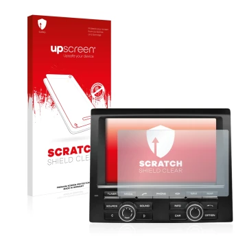 Parte frontal de un envase de producto con el logotipo de la marca upscreen. Al lado se muestra el dispositivo Porsche PCM Mac