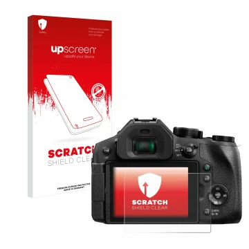 Parte frontal de un envase de producto con el logotipo de la marca upscreen. Al lado se muestra el dispositivo Panasonic Lumix