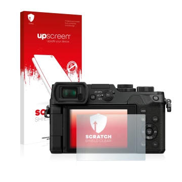 Parte frontal de un envase de producto con el logotipo de la marca upscreen. Al lado se muestra el dispositivo Panasonic Lumix