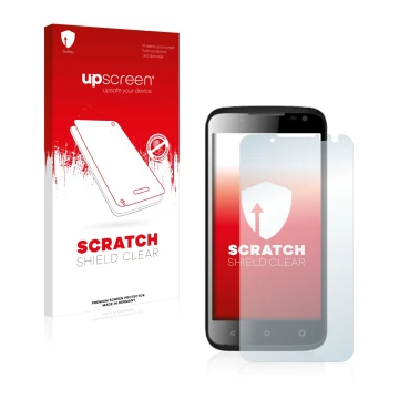 Parte frontal de un envase de producto con el logotipo de la marca upscreen. Al lado se muestra el dispositivo Yezz Andy 4.5EL