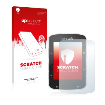 Parte frontal de un envase de producto con el logotipo de la marca upscreen. Al lado se muestra el dispositivo Garmin Edge 520