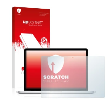 Parte frontal de un envase de producto con el logotipo de la marca upscreen. Al lado se muestra el dispositivo Apple MacBook P