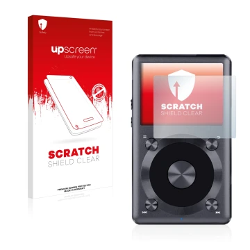 Parte frontal de un envase de producto con el logotipo de la marca upscreen. Al lado se muestra el dispositivo FiiO X3 II con 