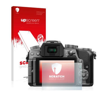 Parte frontal de un envase de producto con el logotipo de la marca upscreen. Al lado se muestra el dispositivo Panasonic Lumix