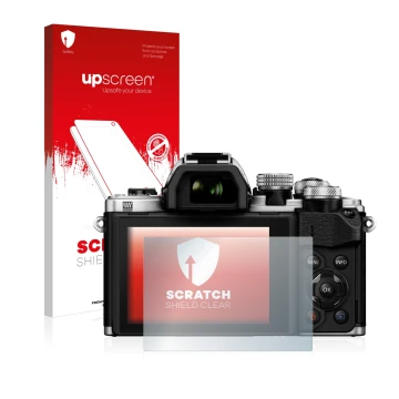 Parte frontal de un envase de producto con el logotipo de la marca upscreen. Al lado se muestra el dispositivo Olympus OM-D E-