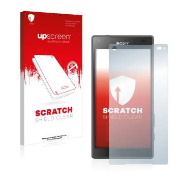 Parte frontal de un envase de producto con el logotipo de la marca upscreen. Al lado se muestra el dispositivo Sony Xperia Z5 