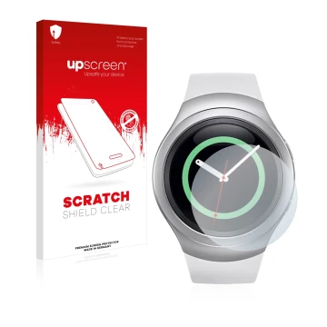 Parte frontal de un envase de producto con el logotipo de la marca upscreen. Al lado se muestra el dispositivo Samsung Gear S2