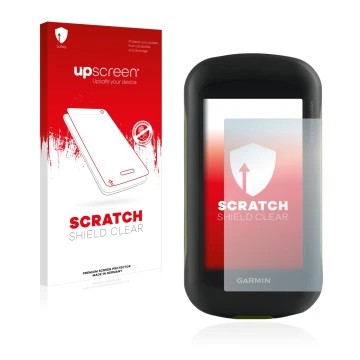 Parte frontal de un envase de producto con el logotipo de la marca upscreen. Al lado se muestra el dispositivo Garmin Montana 