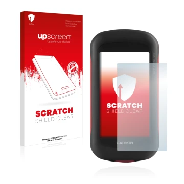 Parte frontal de un envase de producto con el logotipo de la marca upscreen. Al lado se muestra el dispositivo Garmin Montana 