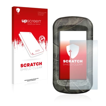 Parte frontal de un envase de producto con el logotipo de la marca upscreen. Al lado se muestra el dispositivo Garmin Montana 