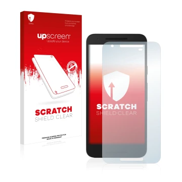 Parte frontal de un envase de producto con el logotipo de la marca upscreen. Al lado se muestra el dispositivo Google Nexus 5X