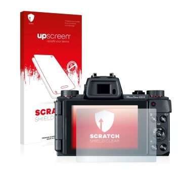 Parte frontal de un envase de producto con el logotipo de la marca upscreen. Al lado se muestra el dispositivo Canon PowerShot