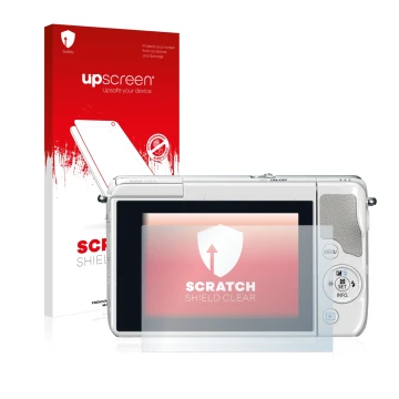 Parte frontal de un envase de producto con el logotipo de la marca upscreen. Al lado se muestra el dispositivo Canon EOS M10 c