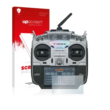 Parte frontal de un envase de producto con el logotipo de la marca upscreen. Al lado se muestra el dispositivo Robbe Futaba T1