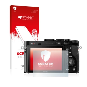 Parte frontal de un envase de producto con el logotipo de la marca upscreen. Al lado se muestra el dispositivo Sony Cyber-Shot