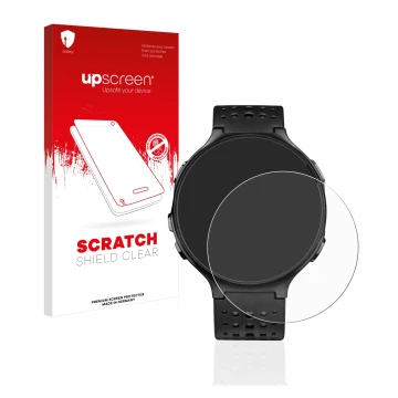 Parte frontal de un envase de producto con el logotipo de la marca upscreen. Al lado se muestra el dispositivo Garmin Forerunn