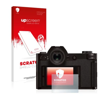 Parte frontal de un envase de producto con el logotipo de la marca upscreen. Al lado se muestra el dispositivo Leica SL (Typ 6