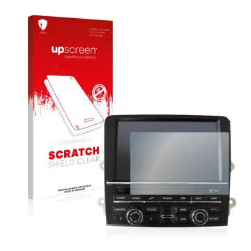 Parte frontal de un envase de producto con el logotipo de la marca upscreen. Al lado se muestra el dispositivo Porsche Carrera