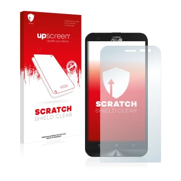 Parte frontal de un envase de producto con el logotipo de la marca upscreen. Al lado se muestra el dispositivo ASUS ZenFone 2 