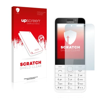 Parte frontal de un envase de producto con el logotipo de la marca upscreen. Al lado se muestra el dispositivo Nokia 230 con s