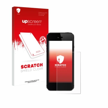 Parte frontal de un envase de producto con el logotipo de la marca upscreen. Al lado se muestra el dispositivo con su protecto