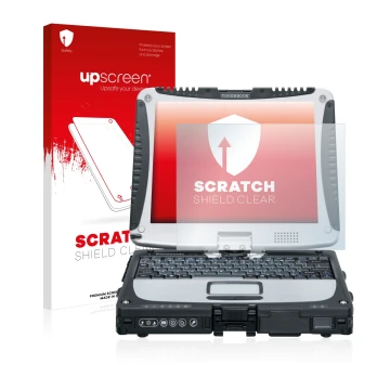 Parte frontal de un envase de producto con el logotipo de la marca upscreen. Al lado se muestra el dispositivo Panasonic Tough