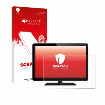 Parte frontal de un envase de producto con el logotipo de la marca upscreen. Al lado se muestra el dispositivo con su protecto