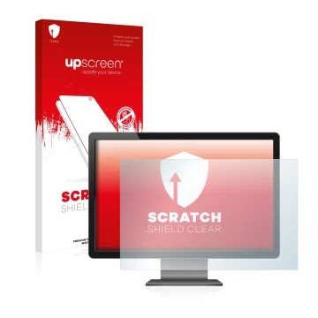Parte frontal de un envase de producto con el logotipo de la marca upscreen. Al lado se muestra el dispositivo con su protecto
