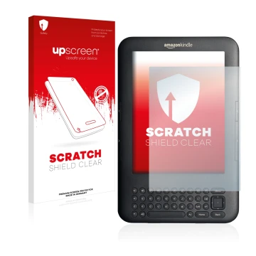Parte frontal de un envase de producto con el logotipo de la marca upscreen. Al lado se muestra el dispositivo Amazon Kindle 3
