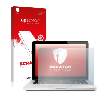 Parte frontal de un envase de producto con el logotipo de la marca upscreen. Al lado se muestra el dispositivo Apple MacBook P