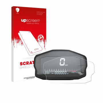 Parte frontal de un envase de producto con el logotipo de la marca upscreen. Al lado se muestra el dispositivo Ducati Panigale
