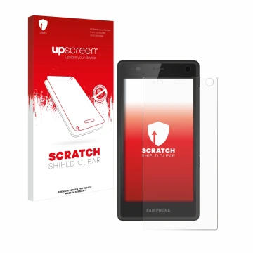 Parte frontal de un envase de producto con el logotipo de la marca upscreen. Al lado se muestra el dispositivo Fairphone 2 con