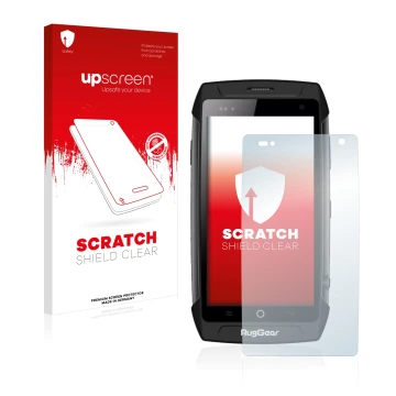 Parte frontal de un envase de producto con el logotipo de la marca upscreen. Al lado se muestra el dispositivo RugGear RG730 c