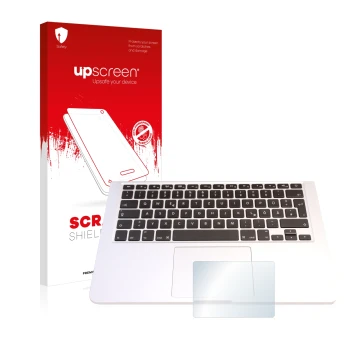 Parte frontal de un envase de producto con el logotipo de la marca upscreen. Al lado se muestra el dispositivo Apple MacBook P