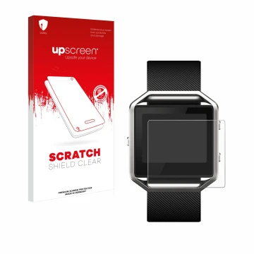 Parte frontal de un envase de producto con el logotipo de la marca upscreen. Al lado se muestra el dispositivo Fitbit Blaze co