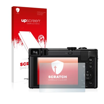 Parte frontal de un envase de producto con el logotipo de la marca upscreen. Al lado se muestra el dispositivo Panasonic Lumix