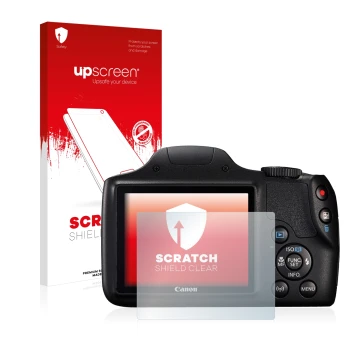 Parte frontal de un envase de producto con el logotipo de la marca upscreen. Al lado se muestra el dispositivo Canon PowerShot