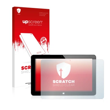 Parte frontal de un envase de producto con el logotipo de la marca upscreen. Al lado se muestra el dispositivo Cube i7 Stylus 