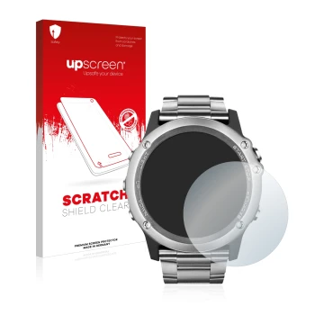Parte frontal de un envase de producto con el logotipo de la marca upscreen. Al lado se muestra el dispositivo Garmin Fenix 3 